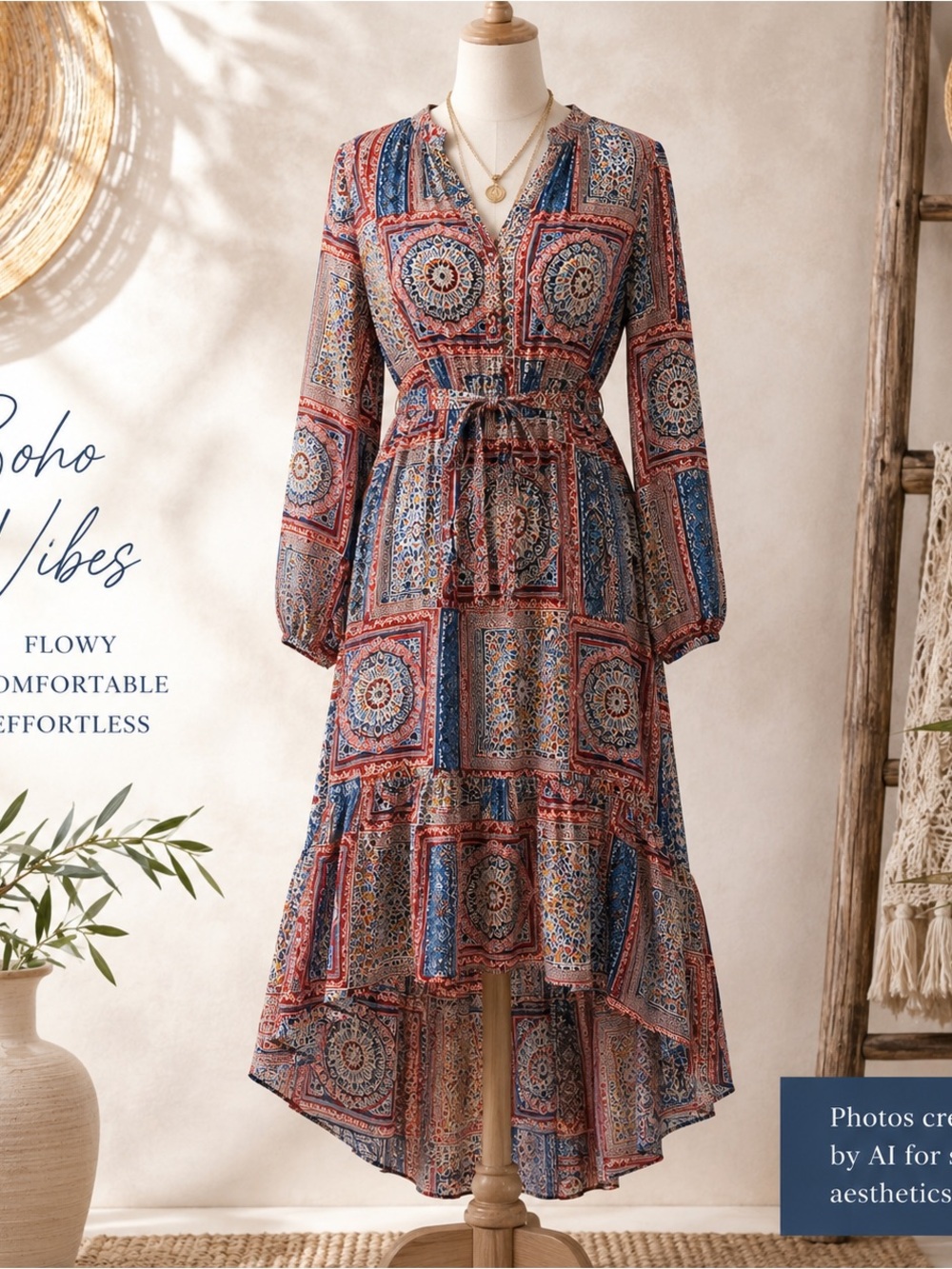 Flowy Boho Mosaic Medallion High Low Midi Maxi Dress Resort Coastal Medium